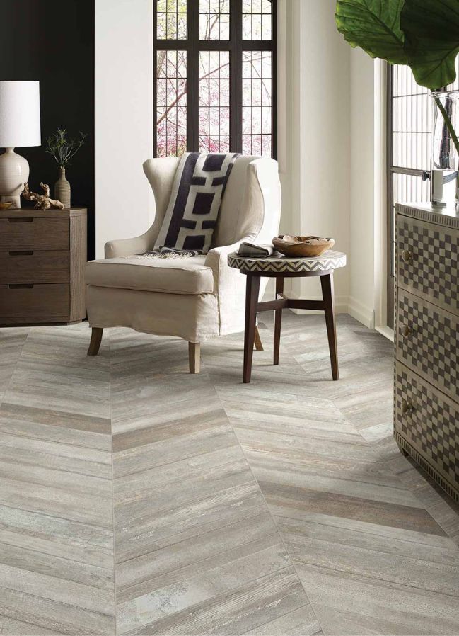 wood look tile floor in a stylish living room