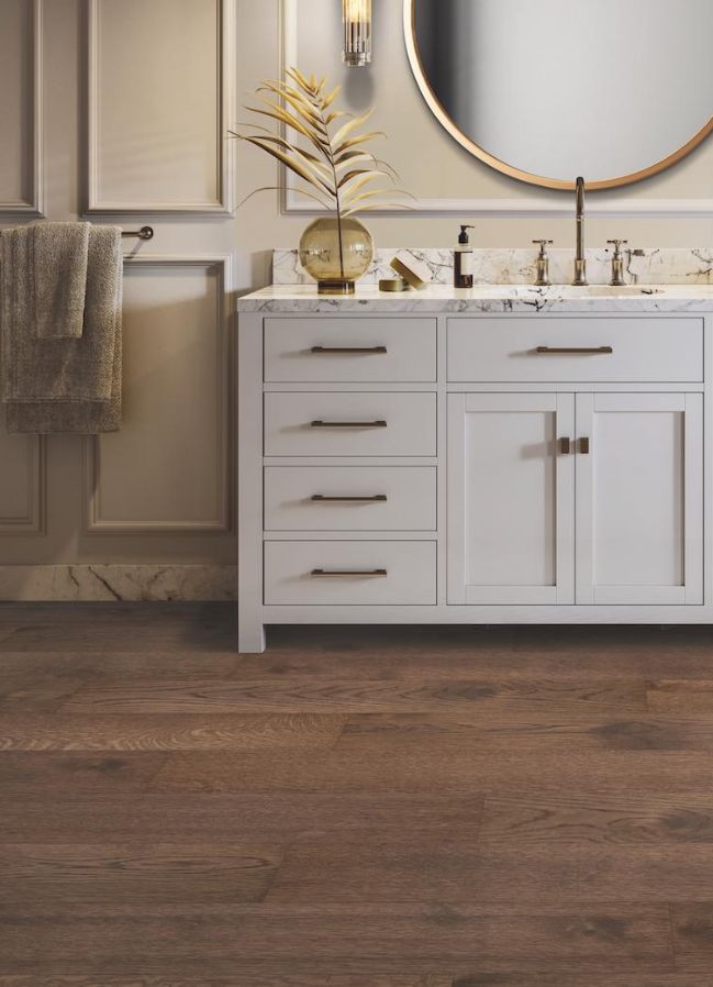 engineered hardwood flooring in a stylish bathroom 